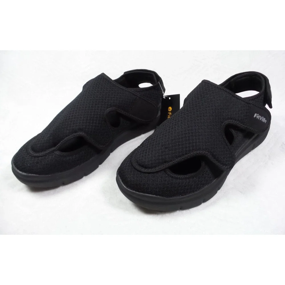 FitVille Shoes Mens Size 12.5 Wide Width Black EasyTop Recovery Sandals NWOB